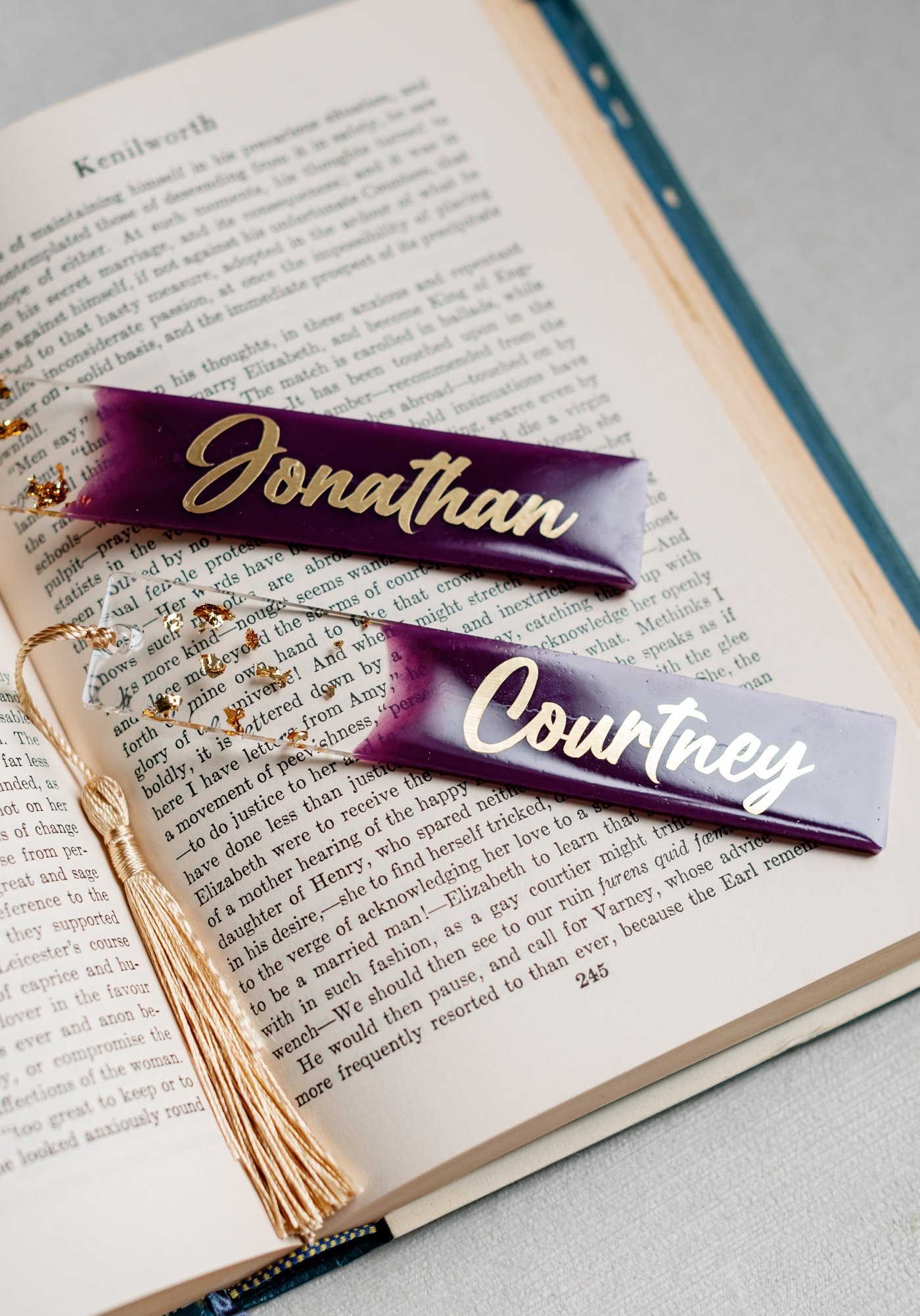 Personalized bookmark wedding favors with gold leaf