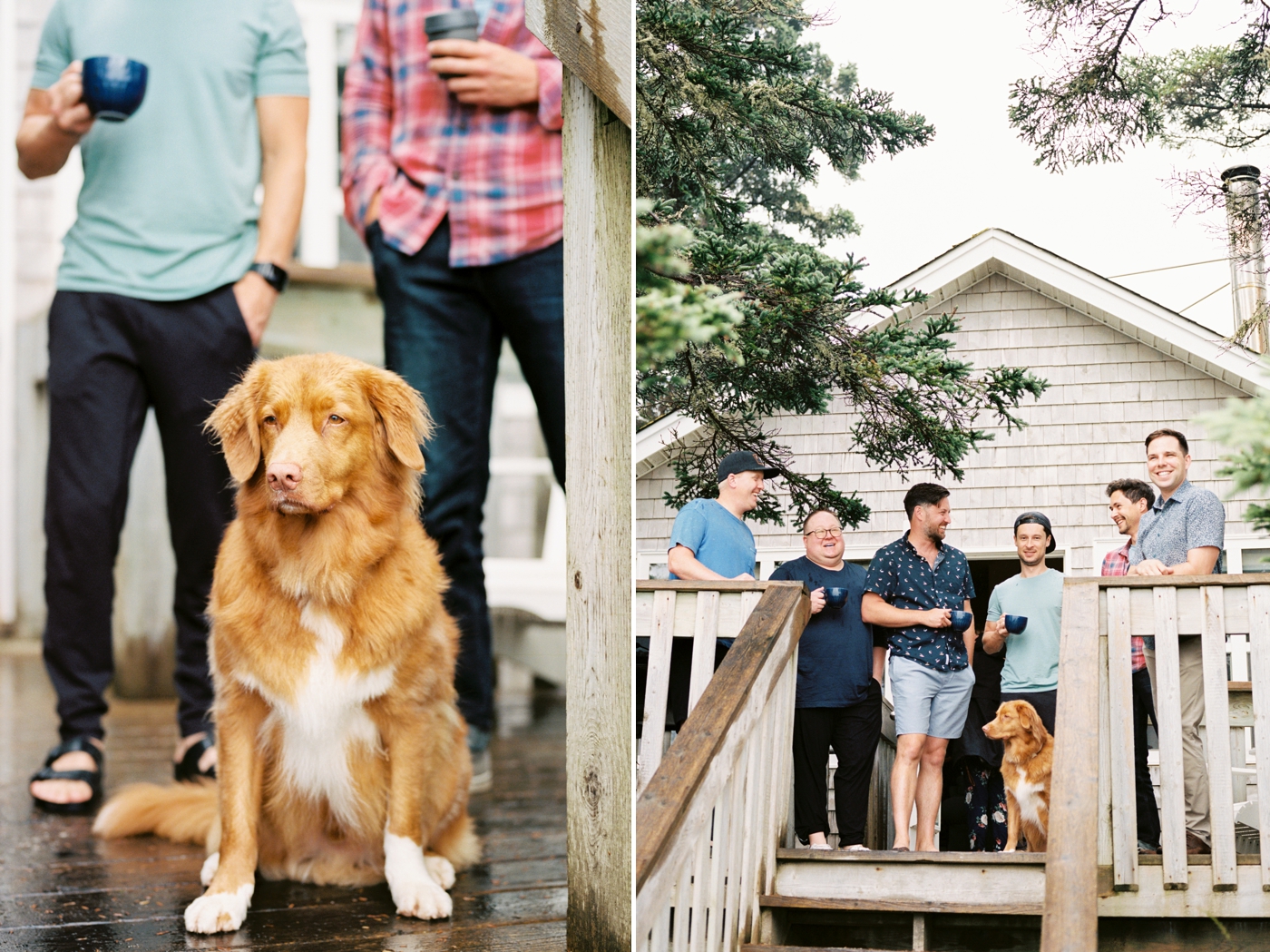 Groom drinking coffee with his groomsmen and his dog