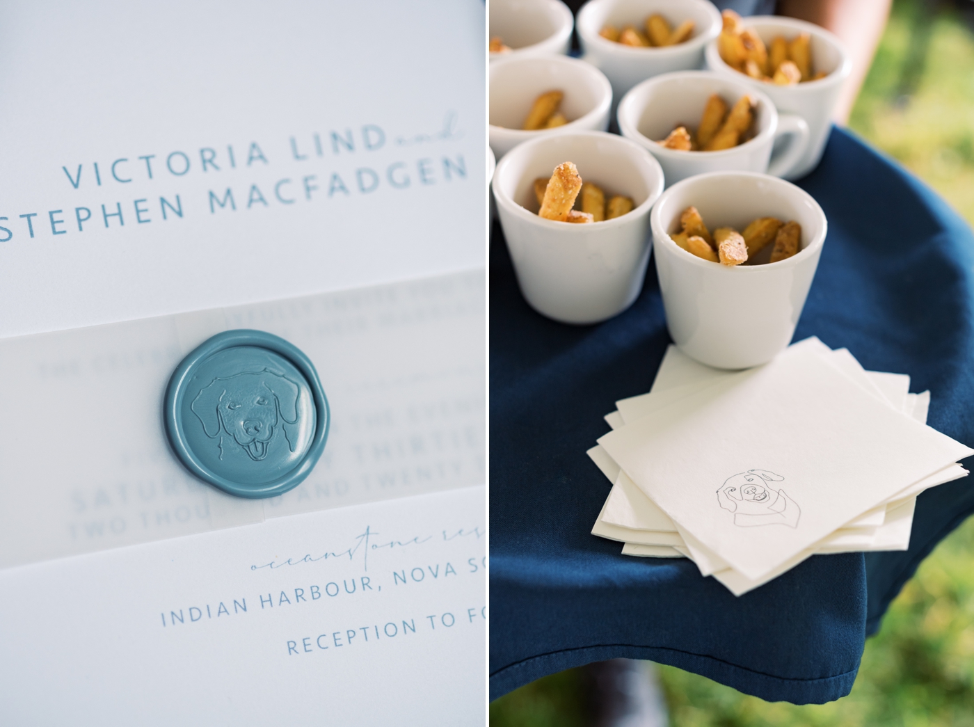 Dog wax seal stamp on a blue and white wedding invitation for a Halifax wedding