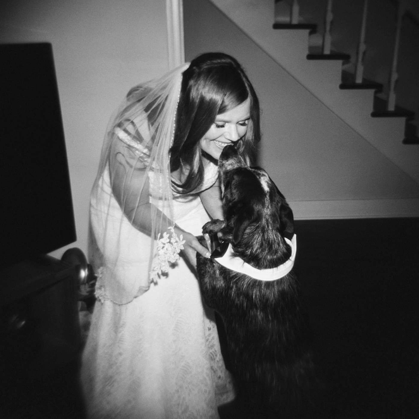Bride in white dress & veil kissing her dog
