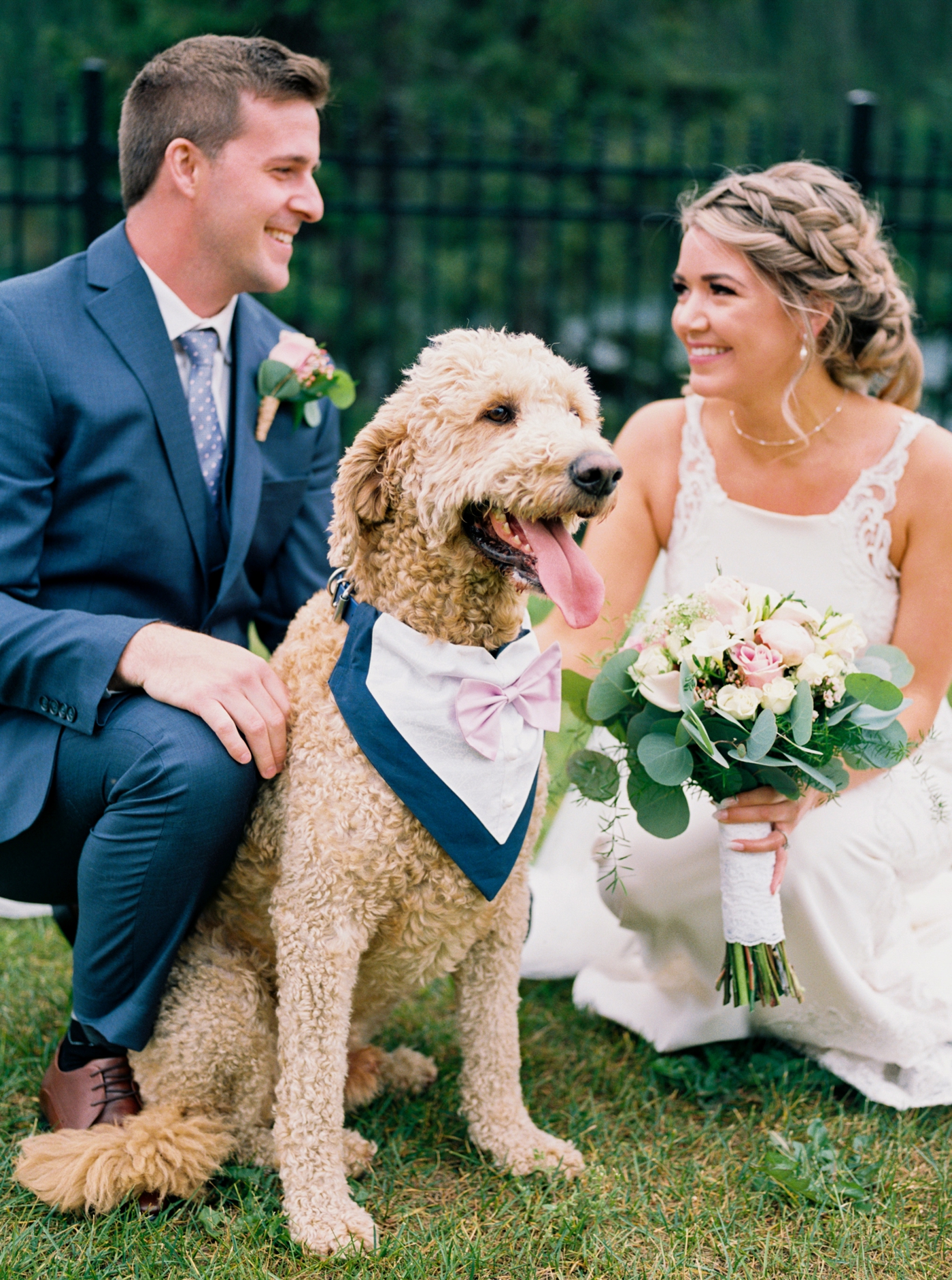 Bride and groom with goldendoodle dog with pink bow tie tuxedo collar