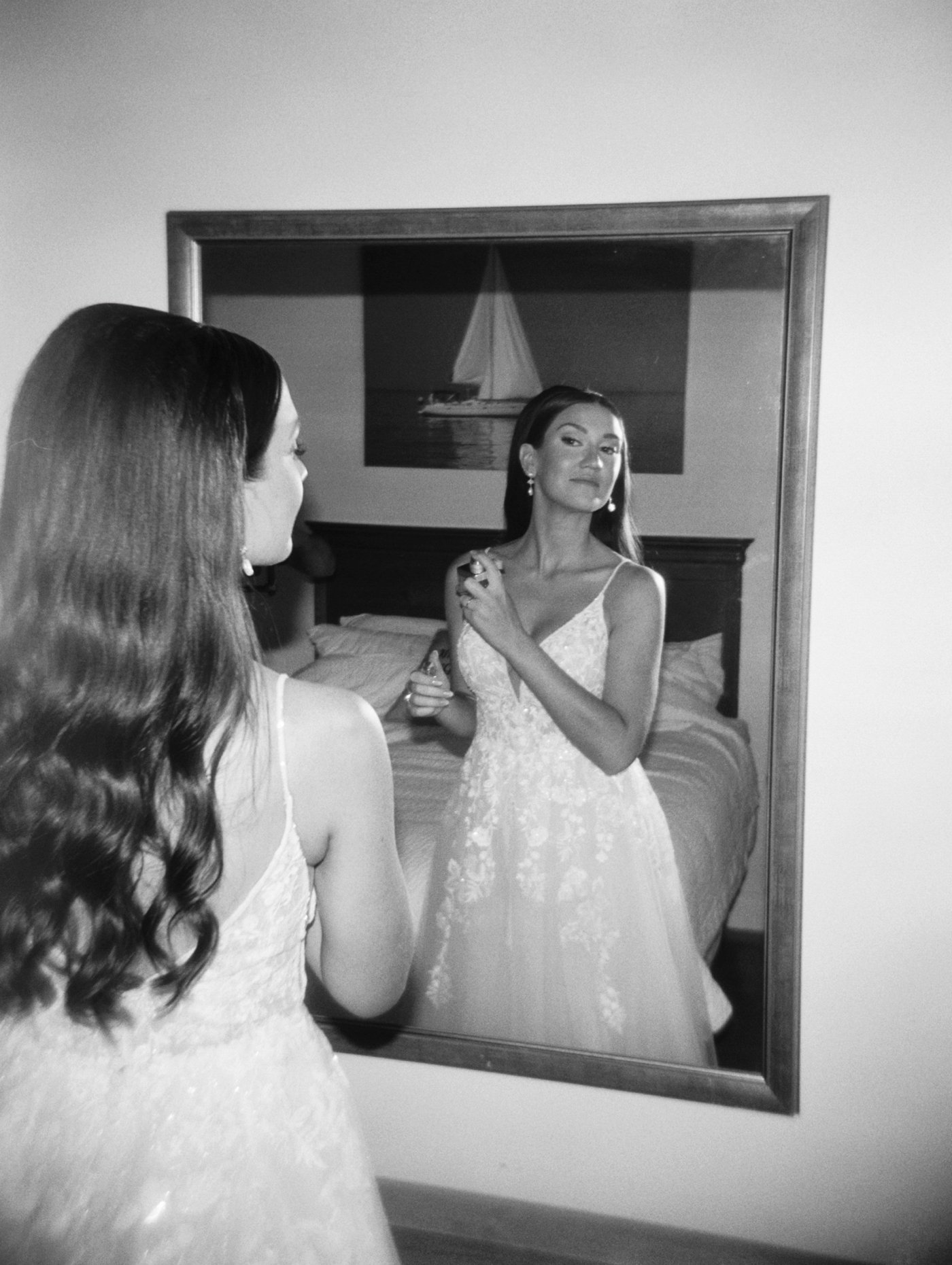 Film photo of a bride getting ready for her wedding at Oak Island Resort