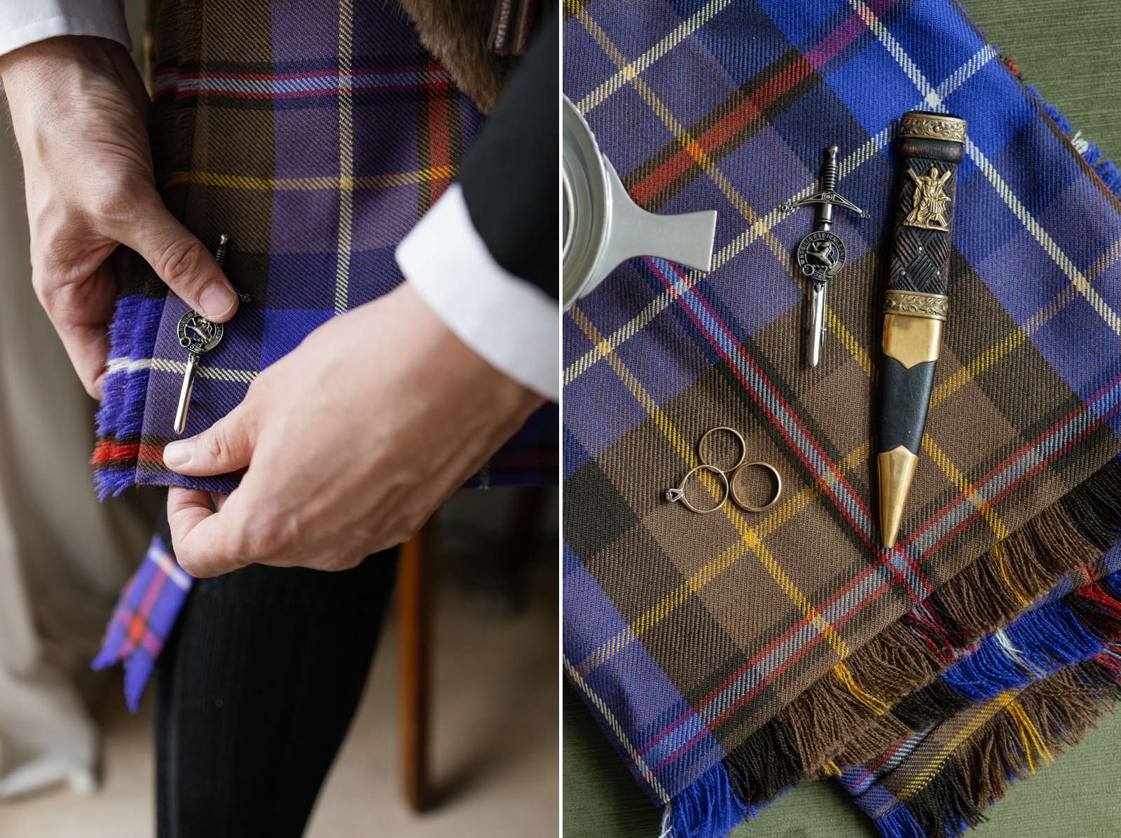 Wedding rings, and sword-shaped pin, and a dagger sheath lay atop a blue, gold, and red tartan kilt.