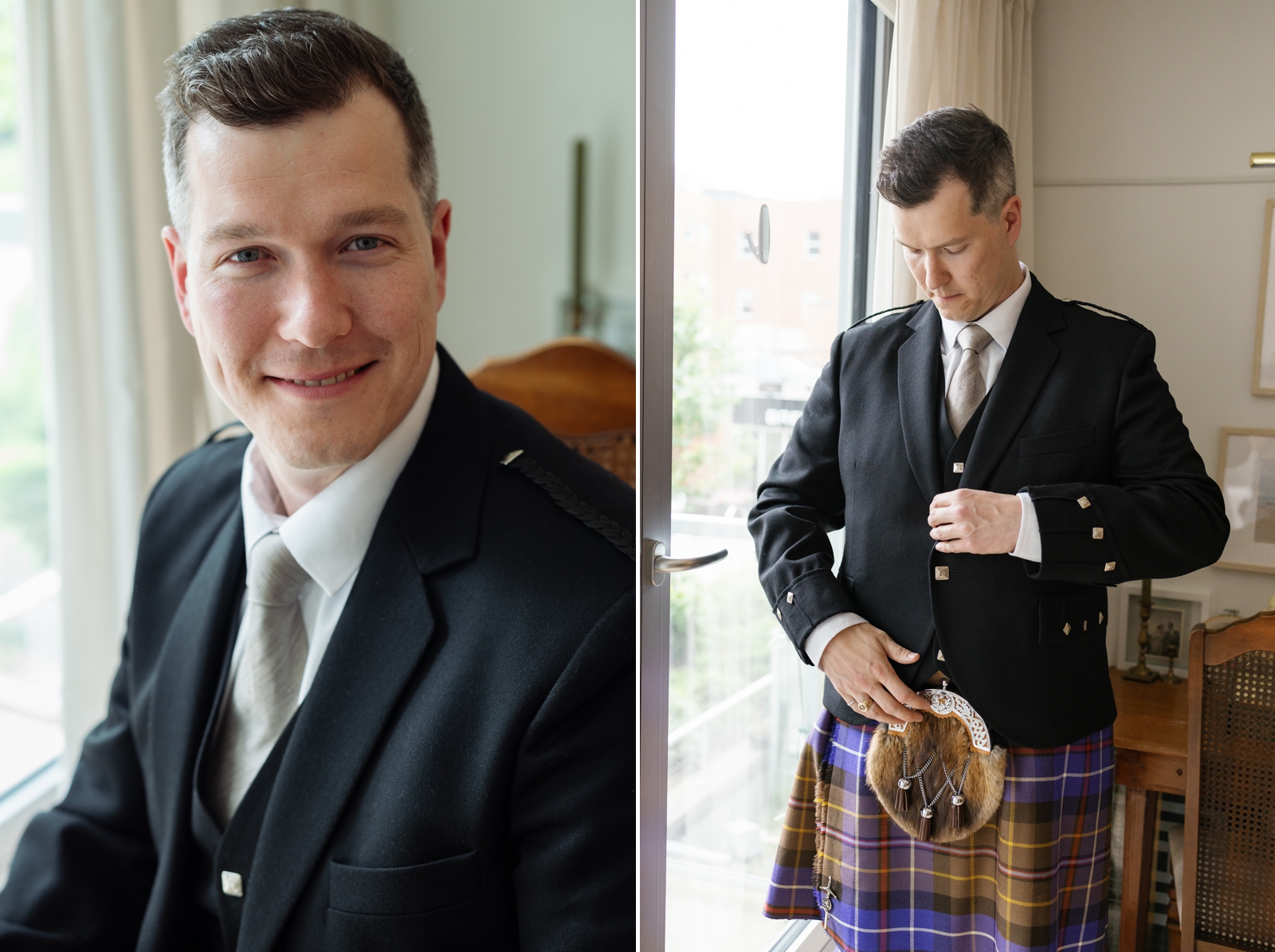 A groom buttons his jacket before his wedding at Agricola Street Brasserie.